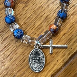 Catholic Rosary Bracelet w/Glass Beads, Cross & Miraculous Medal-stretch
